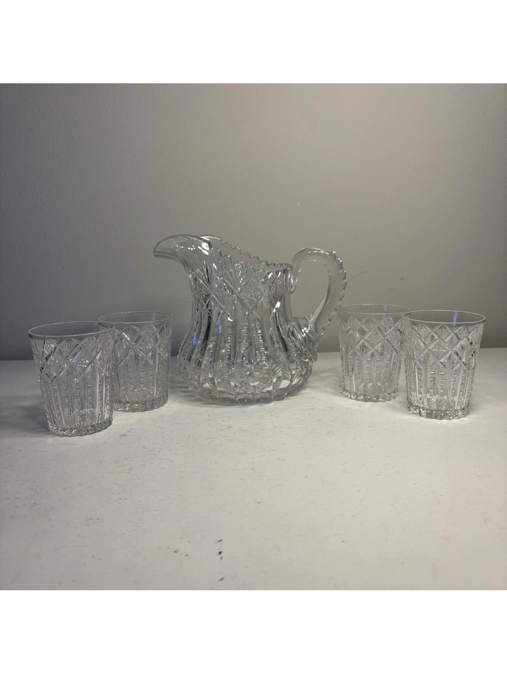 Antique Signed Libbey American Brilliant Cut Glass Pitcher & 4Tumblers